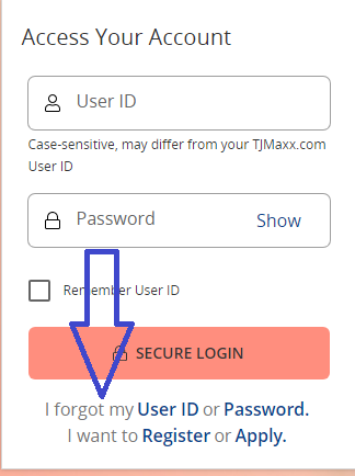 Tj max credit card recover username or password