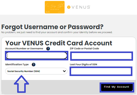 venus credit card recover username or password